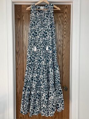 Cara Cara Blue and white tiered Maxi Dress Sleeveless Floral tassels XS S